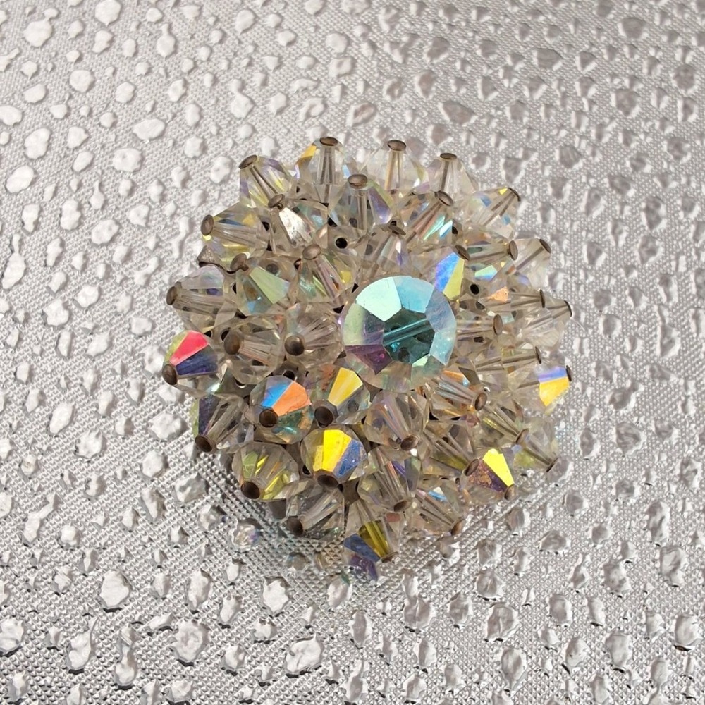 Vintage Aurora Borealis Atomic Starburst Brooch Iridescent Beaded MCM Pin Silver